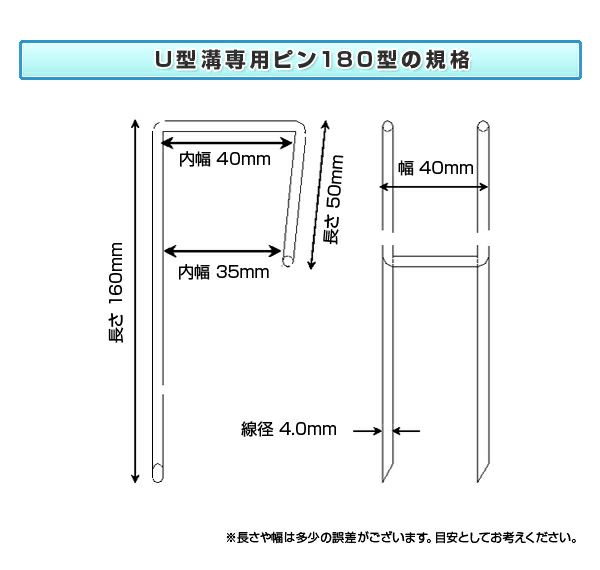 [U字溝専用止めピン180型の規格]厚み35～40mmのU字溝の場合に使用します。