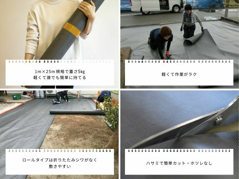 2m×25m規格のシートは、幅が2mと大きめですが、重さ約9㎏と軽いので誰でも簡単に敷けます。ハサミで簡単にカットでき、糸ホツレもありません。