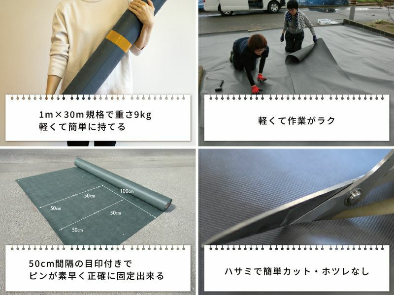 1m×30m規格のシートは約9㎏。軽くて扱いやすいので、自分で簡単に敷けます。また、50cm間隔で白色の印がありピンが素早く正確に固定出来ます。