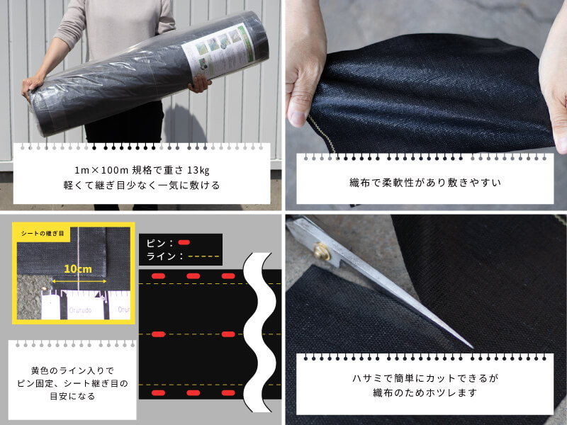 1m×4.8m規格のシートはピン付きで約1.8kgと軽くて手軽！柔軟性があり誰でも簡単に敷けます。黄ラインはピン固定の目安になる他、シートの継ぎ目でライン位置を合わせて敷くと重ね幅が10cm取れます。ハサミで切れますが、切り口がほつれるので「PPシート用接着テープ」貼りをおすすめします。